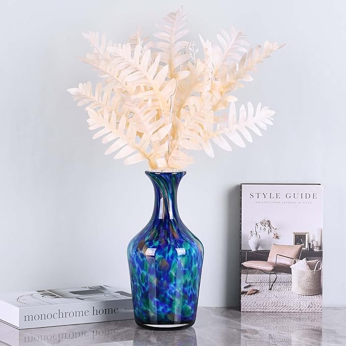 Hand Blown Glass Vase Teal Mosaic (Blue Green Splash) – Murano Inspired Art Glass Vase with Wide Mouth for Flowers, Bubble Vase, Coastal Centerpiece for Dining Room or Living Room (Blue)