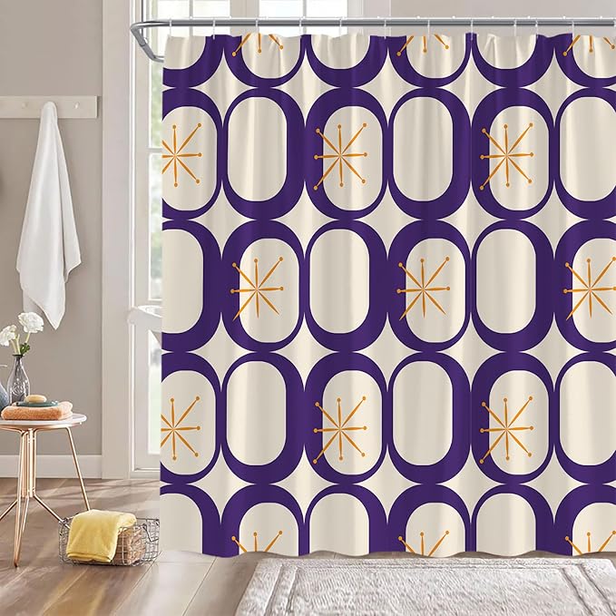 Mid Century Shower Curtain Modern Abstract Atomic Starbursts Squares Retro 50s Geometric Bathroom Decor Polyester Curtains with Hooks