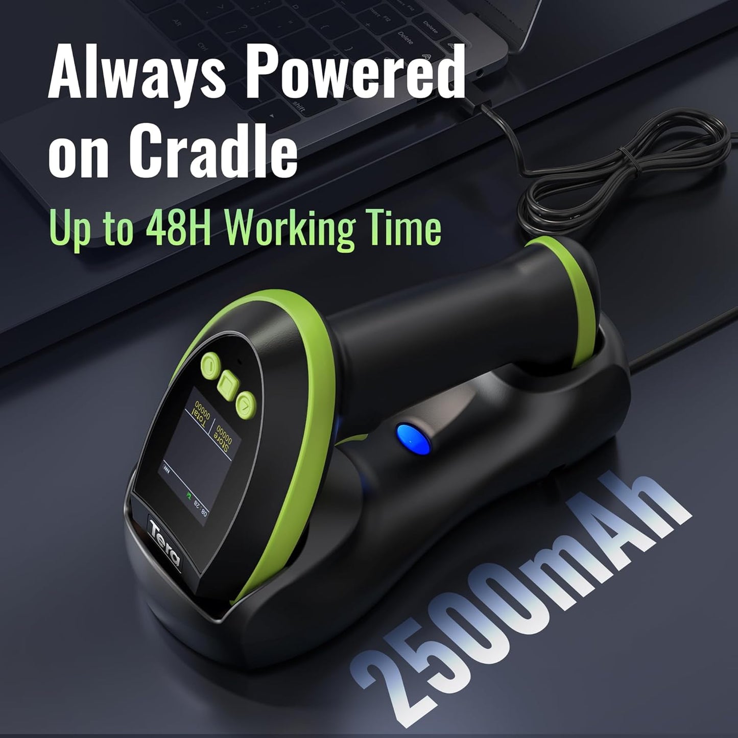 Tera Wireless Barcode Scanner - Pro 1D/2D QR Reader with Screen & Charging Cradle | Green