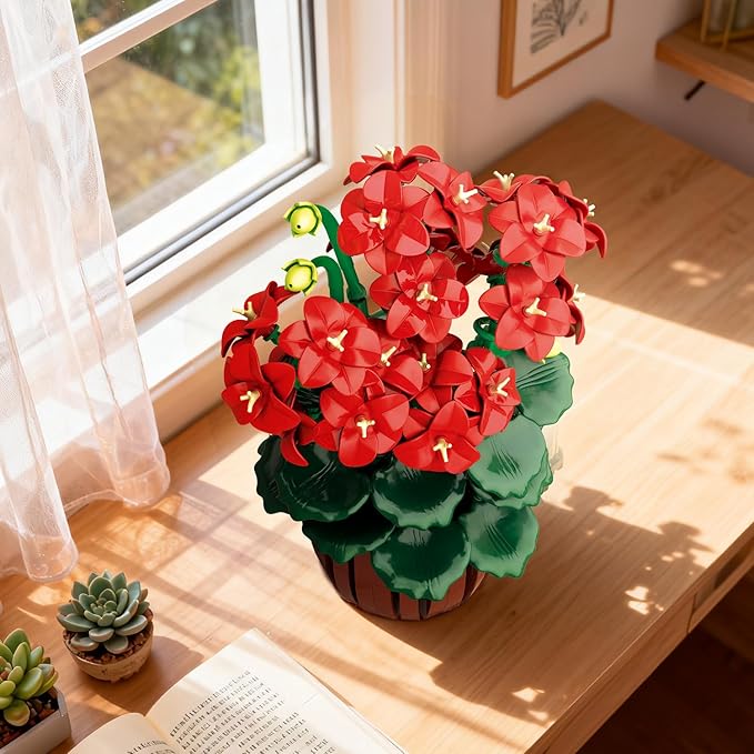 Flowers Geranium Botanicals Building Set - Artificial Bonsai Plants for Home Office Decor Display, 548PCS Geranium Flowers Pot Building Blocks for Adults Women Ages 12+ Gift for Christmas