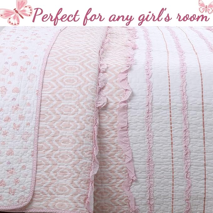 Cozy Line Home Fashions Pretty in Pink Girly Ruffle Stripped 100% Cotton Reversible Quilt Bedding Set, Coverlet, Bedspread (Pink Princess, Queen - 3 Piece: 1 Quilt + 2 Shams)