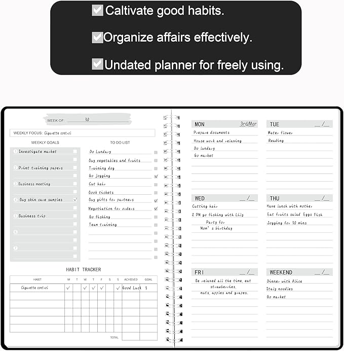 Undated Weekly Planner, Weekly Goals Notebook, A5 To Do List Planner, Habit Tracker Journal with Spiral Binding, 5.7 x 8.0 in, Black