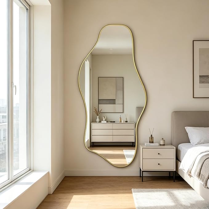 Large Irregular Mirror, 63"x30" Asymmetrical Tempered Glass Mirror Full Length, Gold Organic Frameless Wall Mirrors for Entryway Hallway Bedroom Living Room, Horizontal or Vertical Hanging