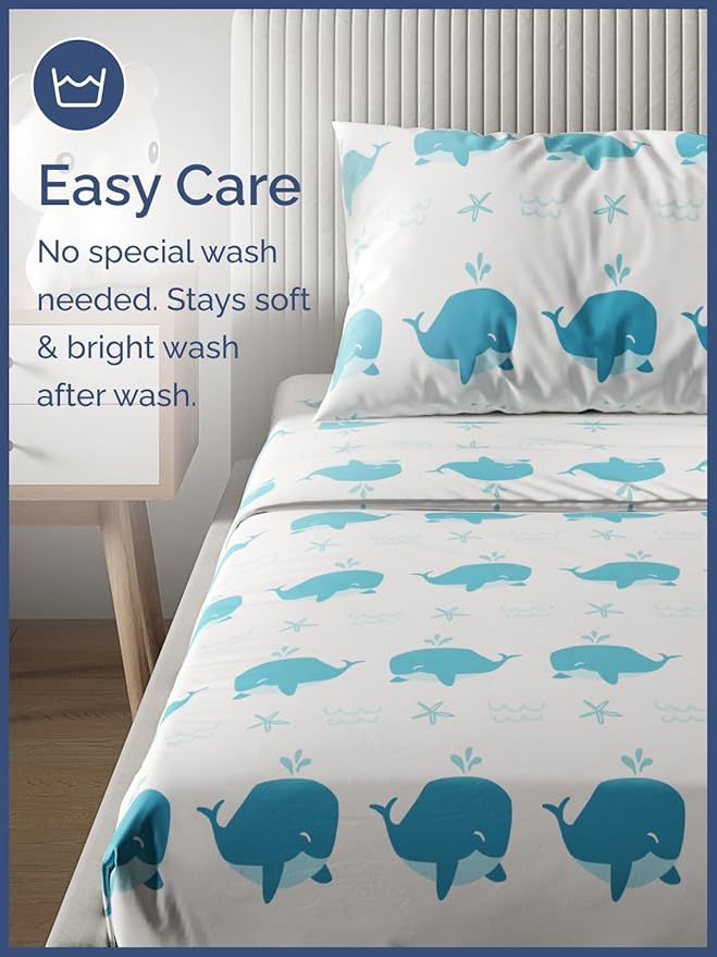 Kids Whales Full 4 Piece Sheet Set - Boys, Girls, Teens, Toddler - Easy Fit Deep Pockets - Breathable, Hotel Quality Bedding Sheets - Machine Washable - Wrinkle Free - Cute, Cozy, Soft - CGK Linens