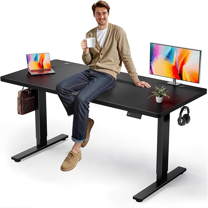 SIAGO Electric Standing Desk Adjustable - 63x30 Inch Sit Stand Desk with 1 Inch Thick Tabletop, Double Beam Frame, 3 Memory Height Adjustment, Cable Management for Home Office