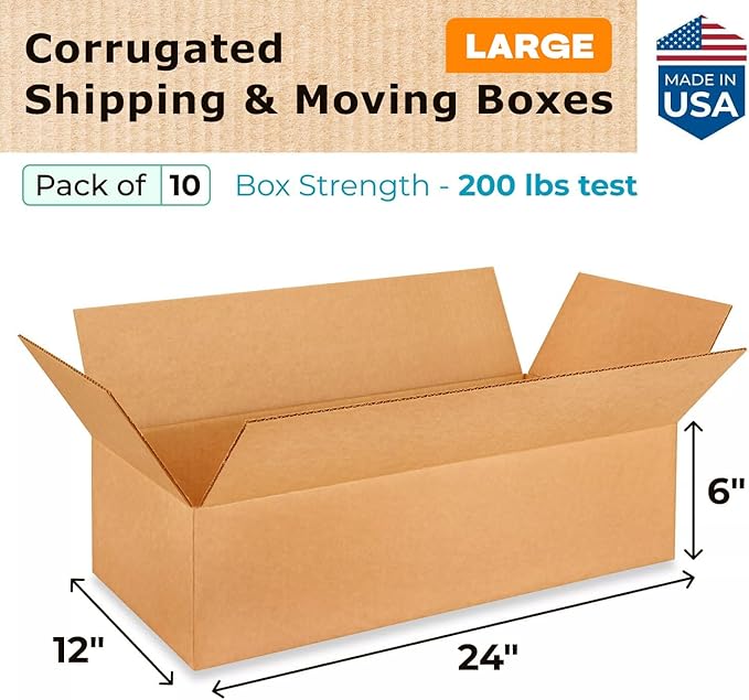Large Shipping & Moving Boxes 24x12x6 inches (10-Pack) - Extra Strength 200 lb vs Regular - Corrugated Shipping Boxes Large for Delivery - Cardboard Box for Moving by IDL Packaging