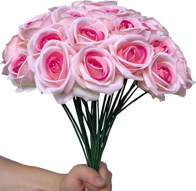FagusHome 30 Pcs Silk Rose Artificial Flowers Roses Bulk Bouquet Fake Flowers Rose Heads with Stems for Home Wedding Decor (Pink)