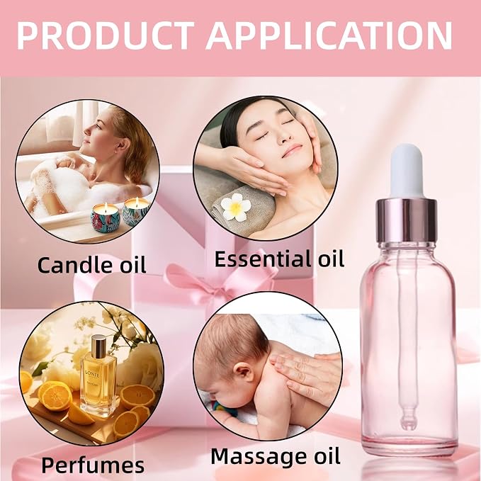 3PCS Dropper Bottle 1 oz Glass Dropper Bottles with Dropper Pipettes Small Sample Dropper Bottles Refillable with Funnels and Labels for Essential Oils, Aromatherapy(30ml Pink)