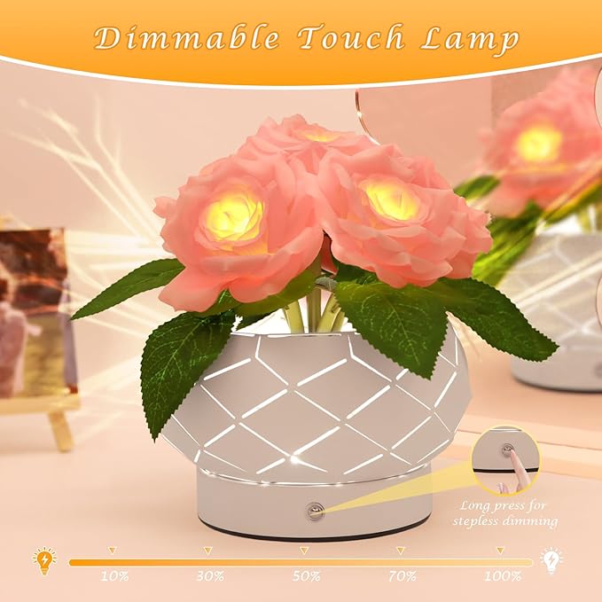 Roses Flower Touch Lamp,Rechargeable Cordless 3-Colour Dimming Small Night Light for Festival,Dining Room,Bedroom Home Decor Birthday Gifts-6 Rose