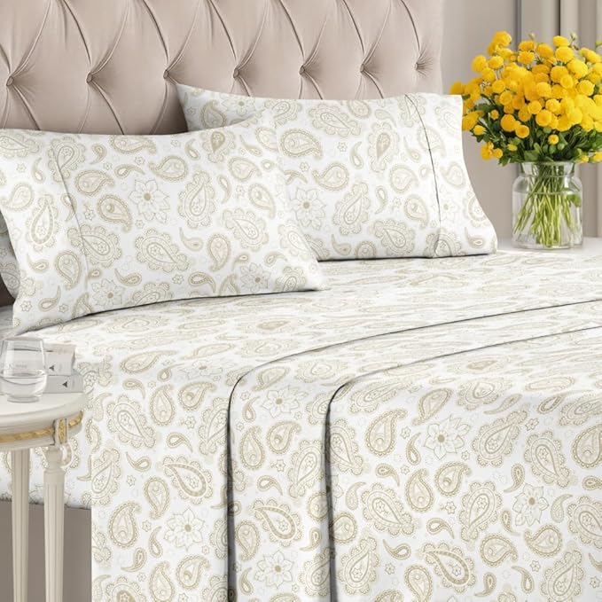 Floral Sheets - Paisley Bed Sheet Set - 1 Flat, 1 Fitted & 2 Pillowcases w/ Deep Pockets - Comfy, Cozy, Wrinkle & Fade Free - Boho Botanical Bedding - Ultra-Soft, Breathable & Cooling - Full Size
