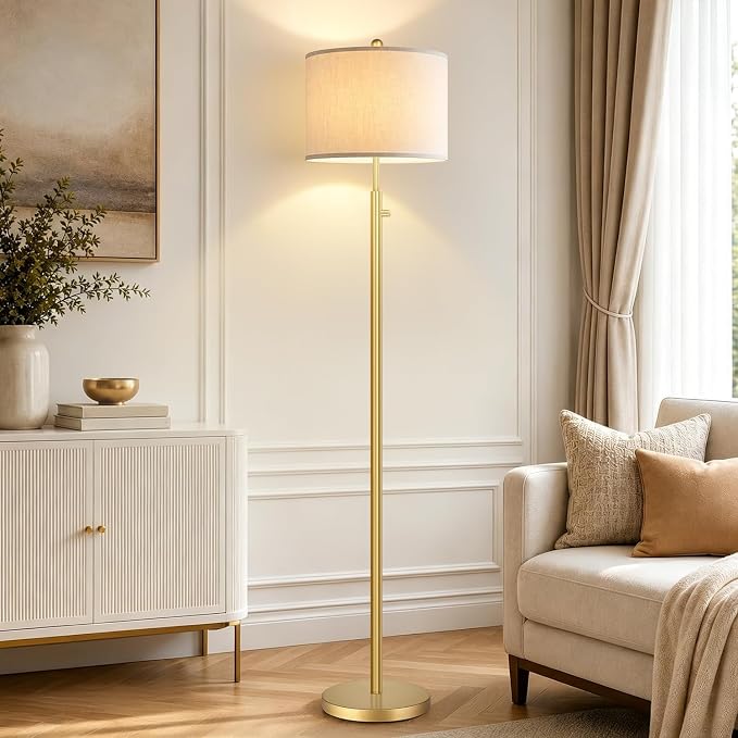 Nintiue 【Upgraded】 Dimmable Floor Lamp for Living Room, 11W LED Bulb Included, Modern Standing Lamp, Tall Pole Light with Linen Shade for Bedroom Reading Office Corner Nursery-Gold