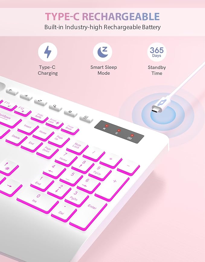 Trueque Wireless Keyboard with 7 Colored Backlits, Phone Holder, Wrist Rest, Rechargeable Ergonomic Keyboard with Silent Light Up Keys, Cordless Computer Keyboard for Windows, Mac, Laptop - (White)