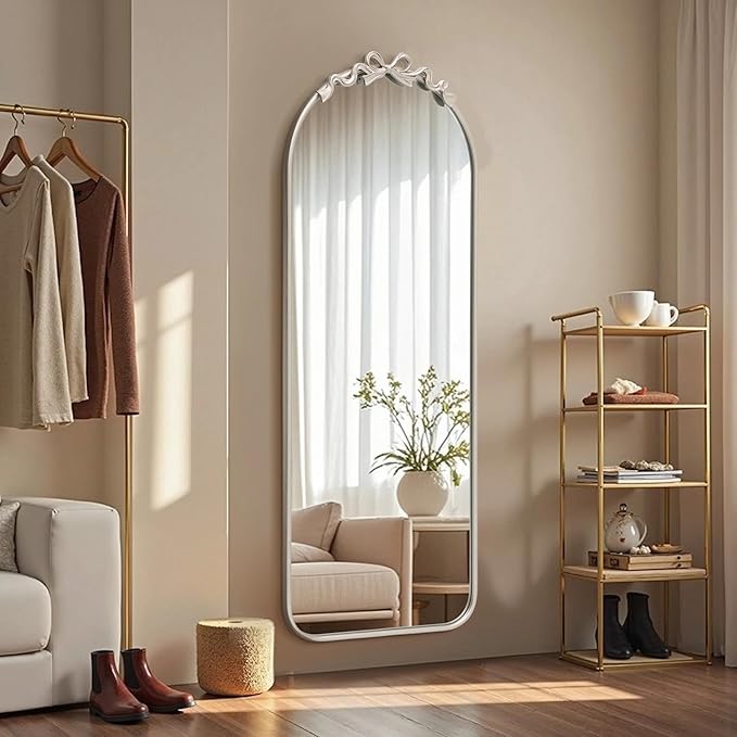 Besdomus Arched Mirror Full Length: 21"x56" Bow Champagne Silver Large Floor Standing Mirror - Antique Baroque Traditional Ornate for Entryway/Cloakroom/Bedroom - Home Decor for Fashion-Conscious