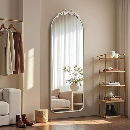 Besdomus Arched Mirror Full Length: 21"x56" Bow Champagne Silver Large Floor Standing Mirror - Antique Baroque Traditional Ornate for Entryway/Cloakroom/Bedroom - Home Decor for Fashion-Conscious