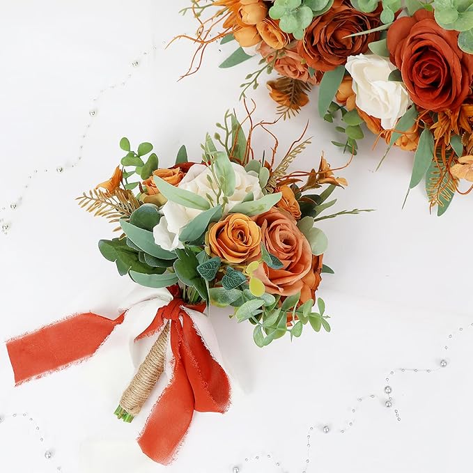 Set of 4 Bridesmaid Bouquets for Wedding - 9 Inch Artificial Flowers Bouquets for Ceremony Anniversary Centerpieces Decorations - Terracotta