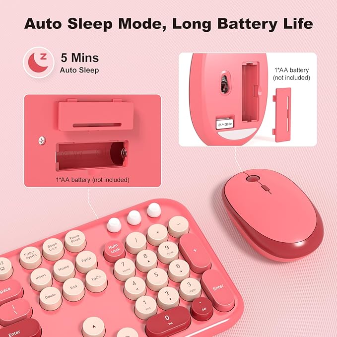 Wireless Keyboard and Mouse Combo, MOWUX Full Size Typewriter Retro Round Computer Keyboard, Cute Optical Mouse Wireless, Plug and Play, for Laptop, PC, Computer- Valentine's Rose