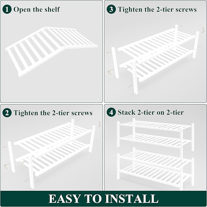 Smiry Bamboo Shoe Rack for Closet, 4 Tier Wooden Stackable Shoe Organizer, Free Standing Shoes Storage Shelf for Entryway, Front Door Entrance, White