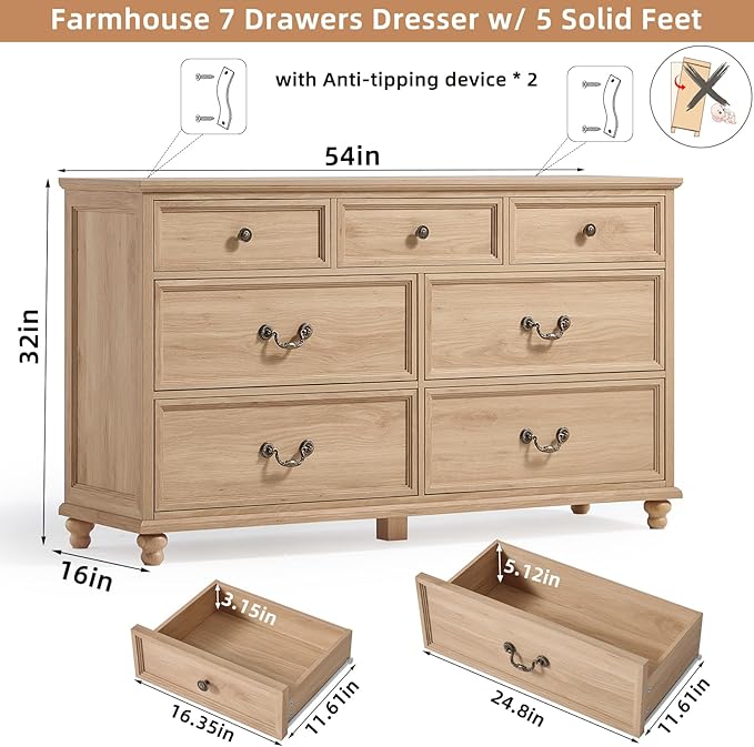 Farmhouse 54" 7 Drawers Dresser for Bedroom, Wide Chest of Drawers w/ 4 Wooden Legs, Vintage Rustic Large Closet Storage Dressers Organizer for Hallway, Wood TV Stand for Living Room, Natural