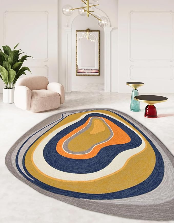 Vibrant Swirl Irregular Area Rug Orange Yellow Blue Modern Abstract Shaped Rugs for Bedroom Living Room Guestroom Non Shedding Large Plush Rug Non Slip Dining Room Playroom Indoor Throw Carpet 6x8