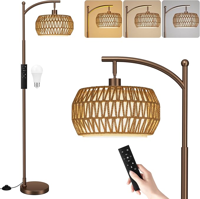 Ambimall Arc Floor Lamp for Living Room with Remote, Color Temperature & Brightness Adjustable, Bohemia Standing Lamp with Rattan & Fabric Double Drum Shades, Bulb Included(Brown)