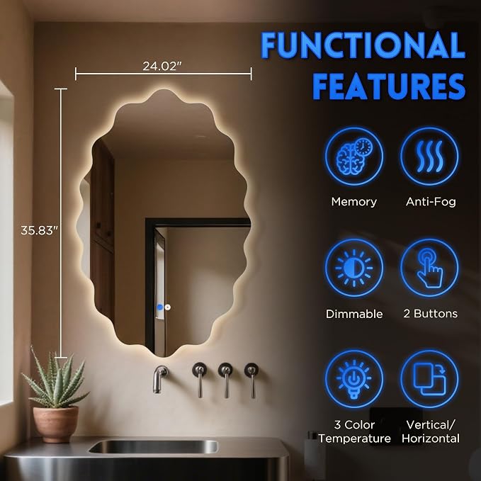 Oval Wavy Led Bathroom Mirror- Vanity Mirror with Lights IP54 Enhanced Anti-Fog,Single Piece 24"x36" 3 Colors Dimmable, Memory,Tempered Glass,UL Listed