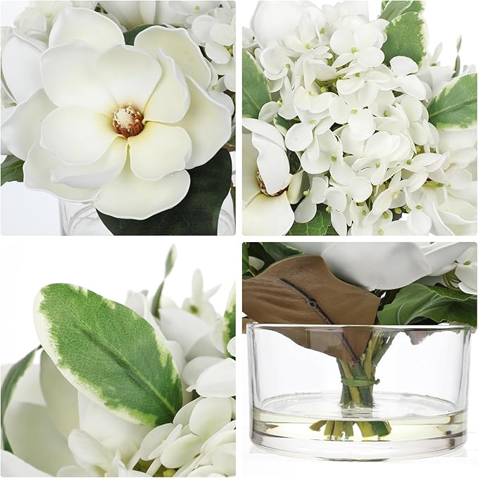 Briful Artificial Magnolia and Hydrangea Flower Arrangement in Glass Vase 9.4" Realistic White Silk Fake Flower with Faux Water Fake Floral Centerpieces for Home Room Office Table Shelf Décor