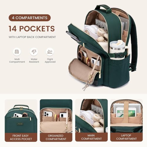 LOVEVOOK Laptop Backpack - Waterproof Travel Bag for 18-Inch Laptops | Large Capacity, Dark Green