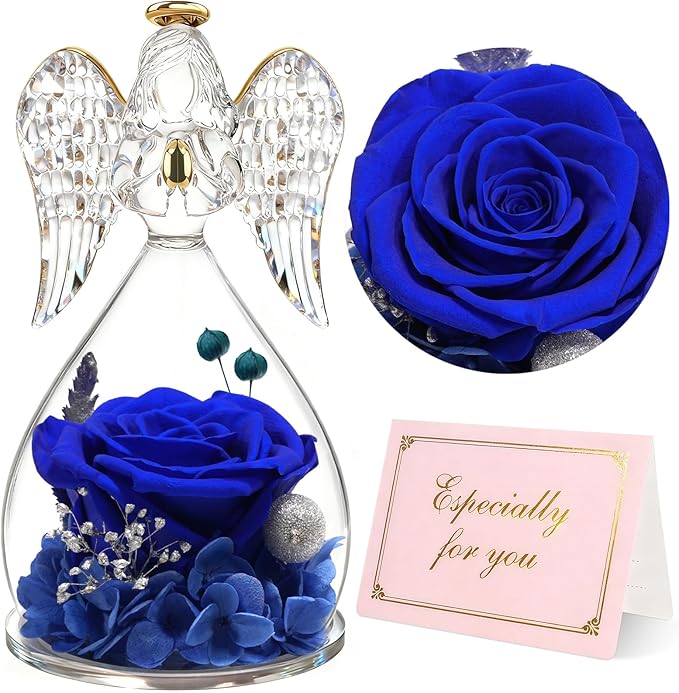 Yamonic Mom Birthday Gifts for Mom, Angel Figurines with Real Rose Gifts for Her Mom Grandma,Preserved Flowers Rose Angel Figurines for Mothers Day Christmas Anniversary Birthday Gifts for Her (Blue)
