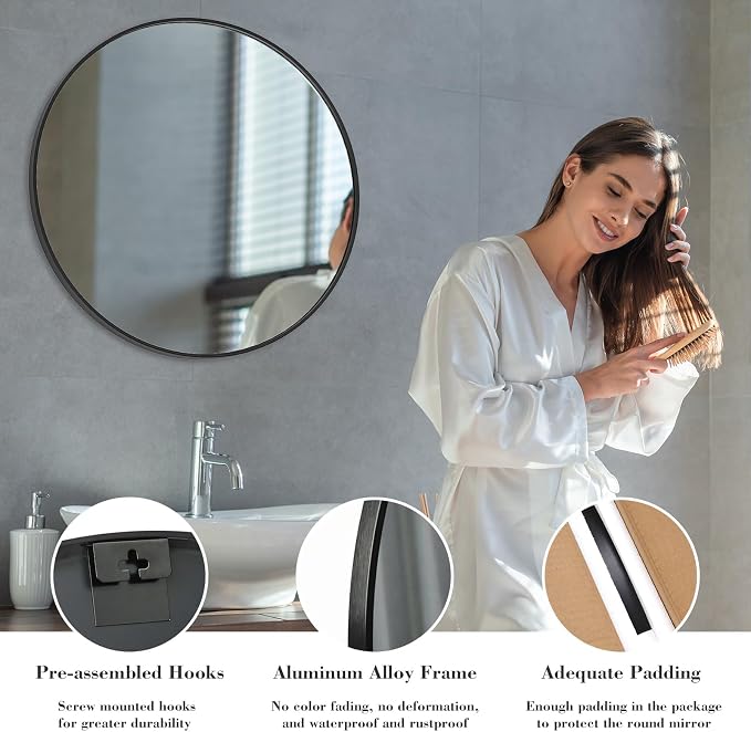 NEWBULIG Round Bathroom Mirror for Over Sink, 28 Inch Wall Mount Vanity Circle Mirror with Matte Metal Framed, Decor for Bathroom, Entryway, Bedroom, Black