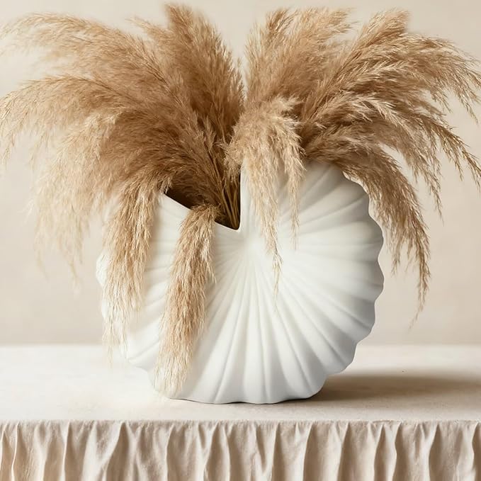 White Shell-Shaped Ceramic Vase for Flowers, 8 Inch Nordic Flower Vases