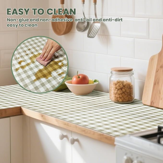 Drawer Liner and Shelf Liner for Kitchen Cabinet Liner Non-Adhesive Non-Slip Shelf Paper, Thick Strong Grip Waterproof Easy to Clean for Shelves, Cupboard, Desks, Green Plaid Pattern, 23.6 in x 30 FT