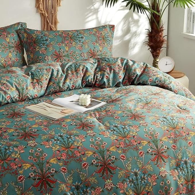LifeTB Queen Comforter Set Vintage Floral Boho Comforter for Queen Bed Aesthetic Floral Bedding Comforter with 2 Pillowcases Flower Leaves Boho Bedding Sets Farmhouse Botanical Flower Comforter Set