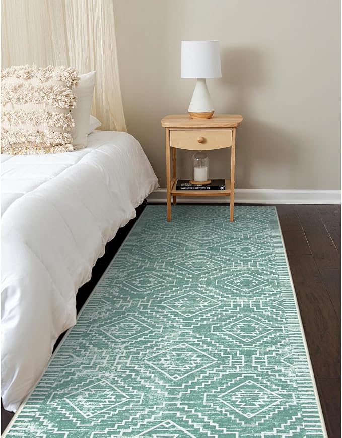 Wonnitar Moroccan 2'6"x8' Washable Kitchen and Bathroom Rug, Sage Green Boho Laundry Room Carpet, Thin Non-Slip Runner for Bedroom Hallway Closet (Mint Green, 2'6"x8')