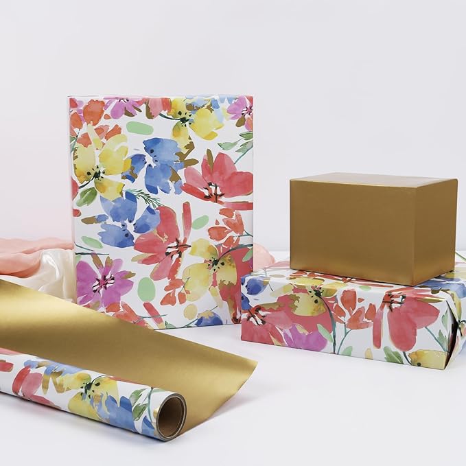 BIOBROWN Reversible Floral Wrapping Paper Roll - 17 Inches X 33 Feet (47 sq. ft. ttl.) Watercolor Abstract Poppy Design Flower Gift Wrap for Wedding, Bridal Shower, Mother's Day,Engagement