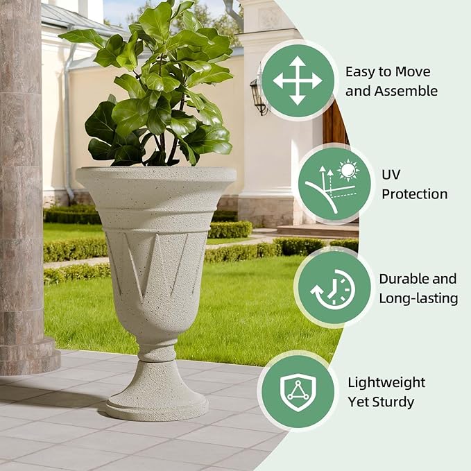 Tall Plastic Urn Planters for Outdoor Plants Set of 2-23.6" H Classic Trophy Design Indoor Large Flower Pots with Drainage Holes, Outdoor Planters for Porch Decor/Garden Vase, Off-White
