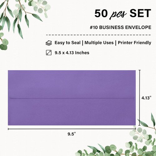 Regine Switzerland Self-Seal Business Envelopes - 50 Pack Standard Purple, 4 1/8 x 9 1/2 Inches for Secure Mailing