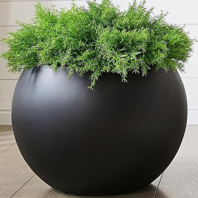 21.3" D Fiberstone Extra Large Planter, Black 16.6" Pot Opening x 14.8" H, Spherical Flower Pot with Drainage Hole, Weather Resistance Indoor Outdoor Planters