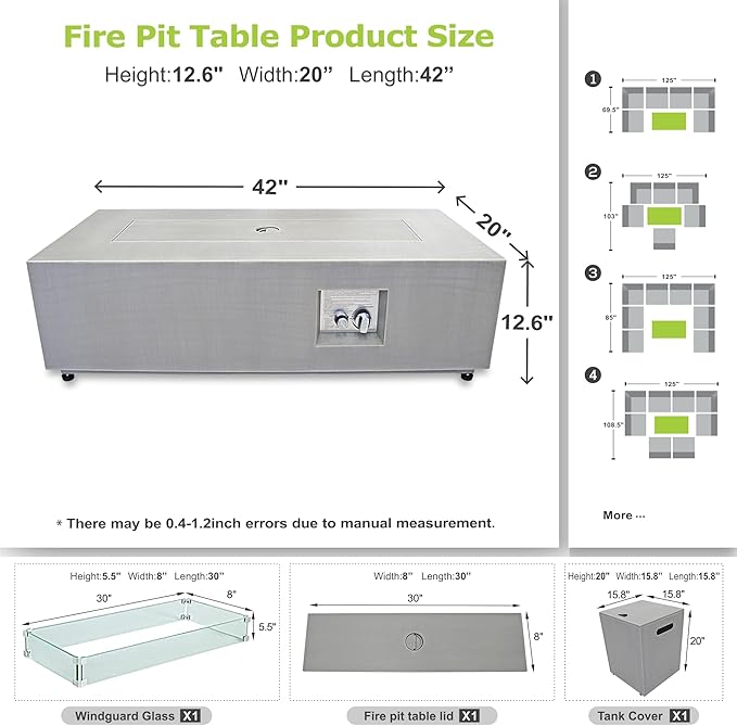 2-Piece 42" LED Rectangular Propane Fire Pit for Outside Patio with Hidden Tank Table, 50,000 BTU Fireplaces with Glass Wind Guard, Lid, Glass Rocks, Cover(Light Grey w/Warm Light)