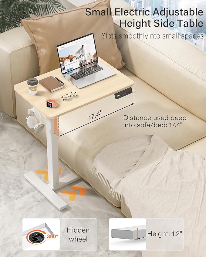 FiCiHi Small Electric Standing Desk - Adjustable Height Bedside Laptop Table with Wheels, Mobile, Portable Rolling Computer Cart,Movable, Home Office, Sofa, Couch Use(24x16,Maple)