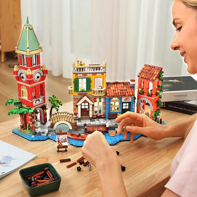 Venice Main Street Building Set for Adults, 2155 PCS City House Building Block Kit with Light Flower Shop Pizzeria, Christmas Home Decor Architecture Model Gift for Women Men Teen Girl 10+