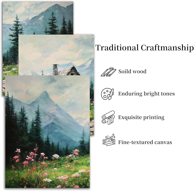 SERIMINO Nature Landscape Canvas Wall Art for Living Room, Forest Mountain Canvas Prints Paintings Room Decor, Cottage Meadow Wildflower Modern Farmhouse Wall Decor Set of 3, 16"X24"