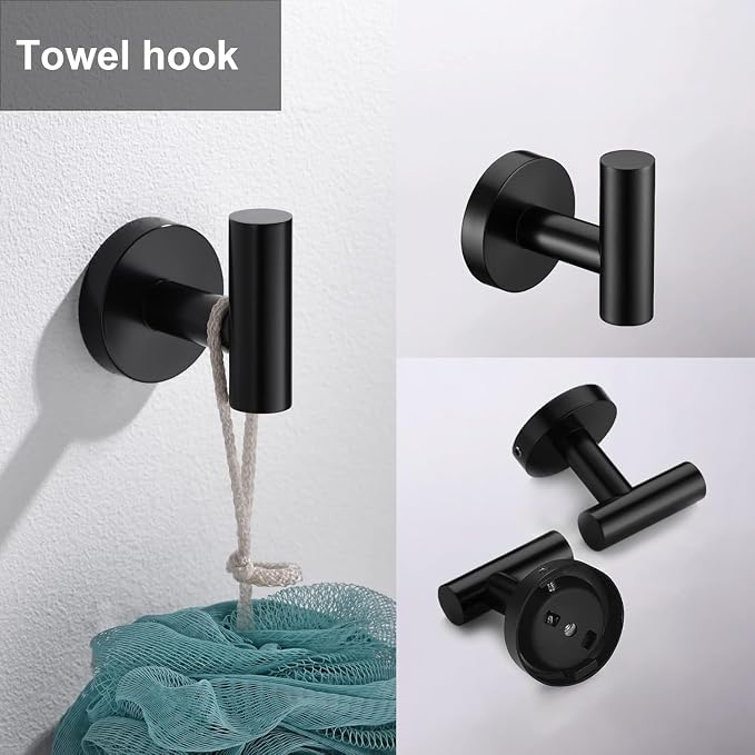 5 Pieces Matte Black Bathroom Hardware Accessories Set, SUS304 Stainless Steel 24 Inch Bath Towel Bar Set, Round Bathroom Towel Holder Set, Towel Racks for Bathroom Wall Mounted