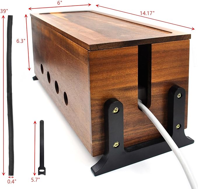 Large Cable Management Box, Wood Cord Hider Box & Organizer for Power Strip Hider Cable Storage for Office, TV Wires, Desk Cord Organizer, 14.1" x 6" x 6.3", Vintage Walnut