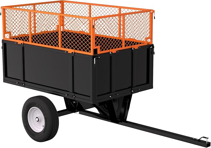 ATV UTV Trailer, Garden Utility Trailer Tow Behind Dump Trailers, 17 Cu.Ft Capacity & Heavy Duty 750 Lbs Steel Dump Cart, with Foldable Mesh Fence, Yard Garden Trailers for Lawn Mower Tractor