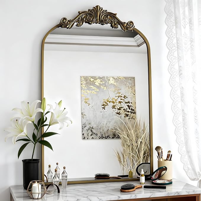 Dewfig Antique Arched Wall Mirror, 24"x36" Vintage Bronze Bathroom Mirror - Baroque Metal Frame Brass Mirror for Living Room, Bathroom, Fireplace, Entryway, Bronze