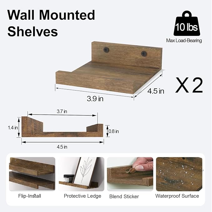 Small Floating Shelves for Wall Decor, Wall Mounted Wood Shelf for Bedroom, Living Room, Bathroom, Kitchen, Nursery, Mini Display Ledge Shelf with Lip Set of 2-4 Inches, Brown