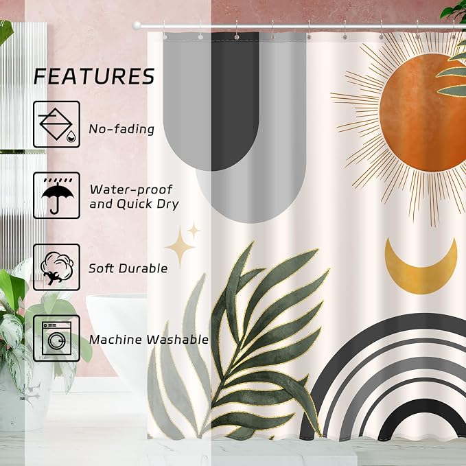 Boho Mid Century Shower Curtain, Bohemian Minimalist Simple Aesthetic Modern Bathroom Decor, Colorful Rainbow Sun Moon Natural Botanical Leaves Fabric Cloth Bath Curtain (Boho Black, 84x72 Inches)