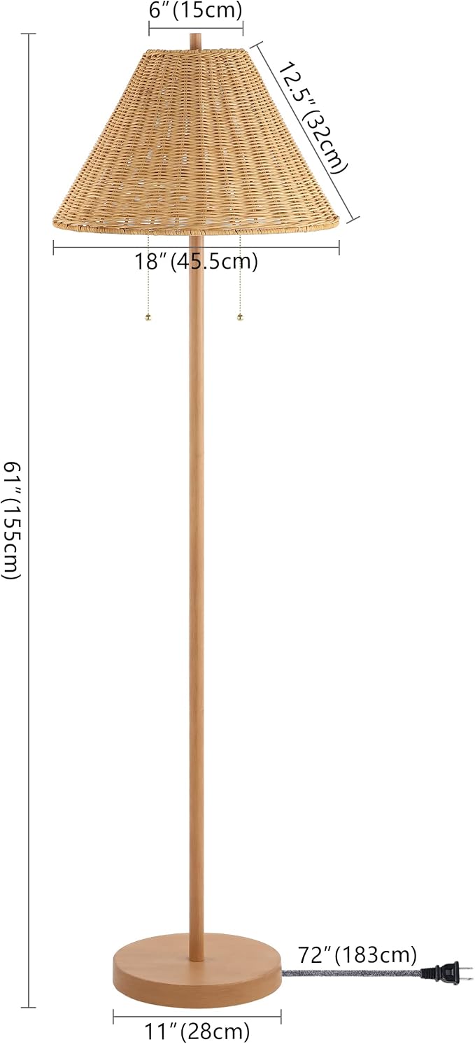 JONATHAN Y 61" Brown Wood Finish 2-Light Coastal Bohemian LED Floor Lamp for Living Room, Brown Rattan Shade, Mid-Century Modern Tall Standing Lamp, Pull-Chain, LED Bulbs Included JYL3092A