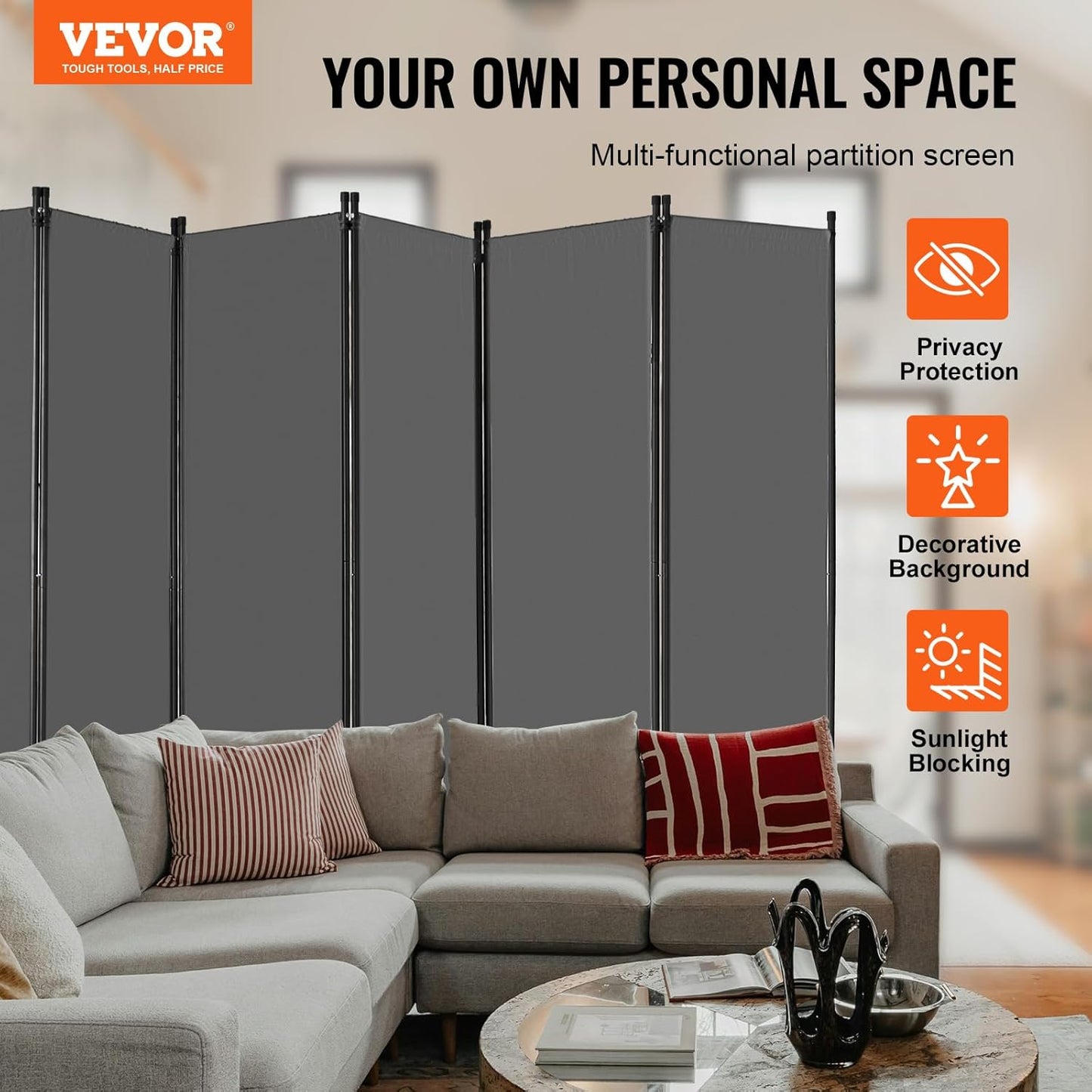 VEVOR 6-Panel Room Divider - Folding Privacy Screen & Portable Partition | Freestanding Grey Divider for Office & Bedroom