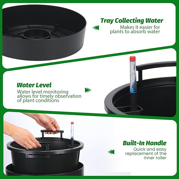 GarveeLife 30 in Tall Planters for Outdoor Plants Set of 2, Large Outdoor Planters for Front Porch Decor with Drainage Holes＆Water Level Monitor ＆Inner Bucket, Automatic Watering, Black
